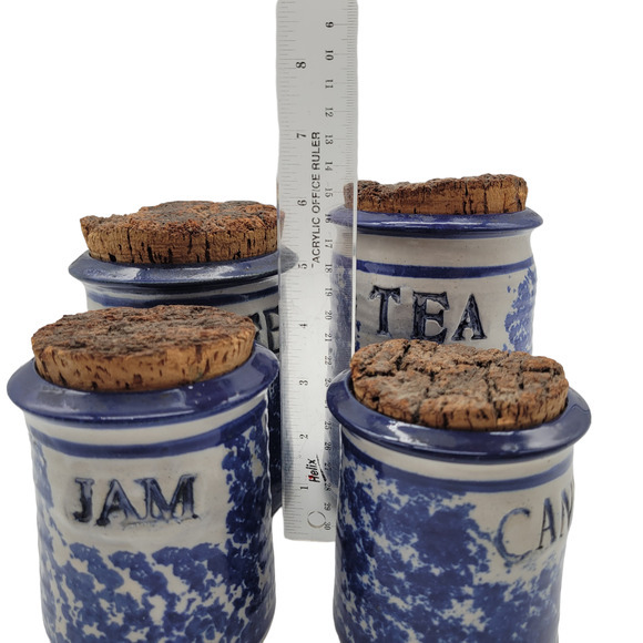 Vintage Set of 4 Blue White Sponge Ware Crock Jars w Cork Lids Signed on Bottom‎ - Picture 3 of 7